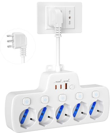 Ciabatta Multipresa Elettrica 5 Posti,Presa Multipla Salvaspazio con Interruttori Indipendenti,5 Polivalenti Schuko 10/16A Adattatore Bipasso Bivalenti Italiana Spina 2P+T 16A,Cavo corto 0,1m,Bianco