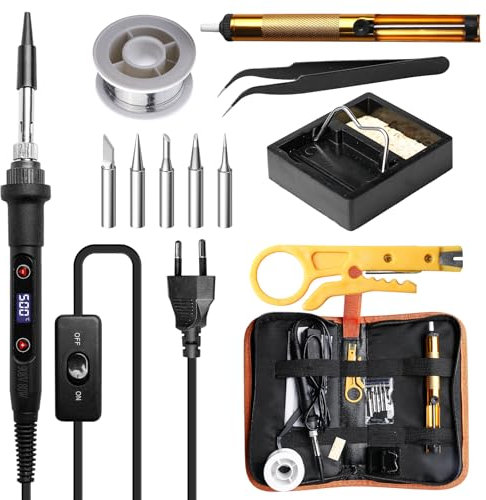 80W Lötkolben Set mit LCD Display – Einstellbare Temperatur 180-500°C, 50g Lötdraht, 5 Lötspitzen, Entlötpumpe, Lötständer & Pinzette für Elektroarbeiten & Reparaturen