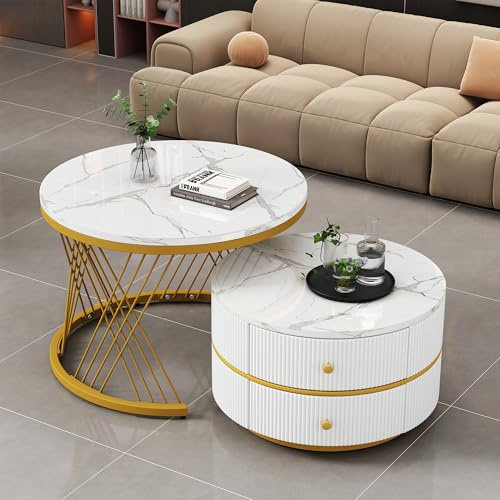 Merax Lot de 2 tables basses rondes 2 en 1 - Table d'appoint moderne avec espace de rangement - Aspect marbre brillant - 2 tiroirs - Pour salon, bureau - Blanc