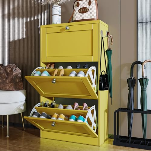 Shoe Cabinet with 3 Flip Drawers Wooden Shoe Storage Organiser Cupboard Narrow Shoes Rack Cabinet Freestanding Footwear Rack Stand Hallway, Entryway Yellow 80W x 24D x 128.5H cm