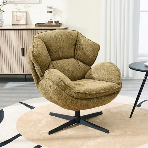 chairus Fauteuil Salon en Chenille Chaise Pivotante à 360 °de Bureau avec Accoudoirs Chaise de Chambre avec Double Dossier, Jaune