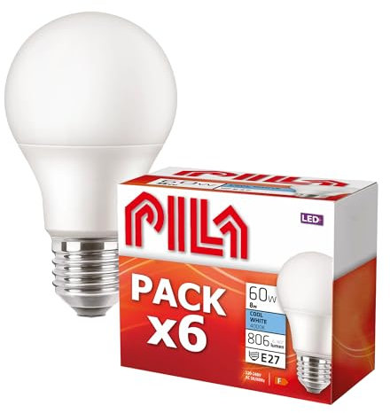 PILA Pack de 6 Bombillas LED E27, 8W (= 60W), Luz Blanca Neutra (4000K), 806 Lúmenes, No Regulable, CRI80, 15.000h de Vida Útil