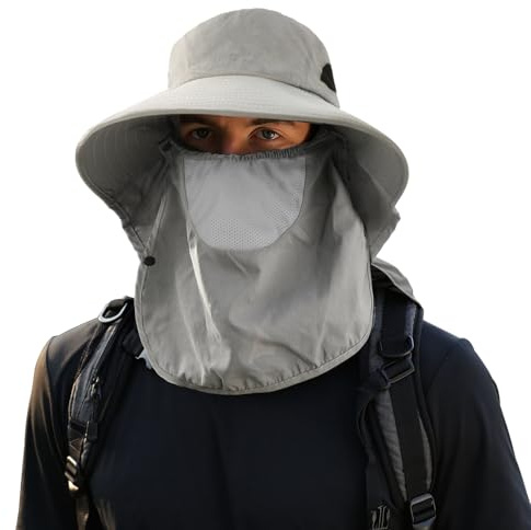 TAGVO Solhatt för män med brett brätte och avtagbart nackskydd, UV-skydd utomhus fiskarhatt med justerbar hakrem, vandringshatt, safari-hatt för trädgårdsarbete camping jakt, LJUSGRÅ, one size