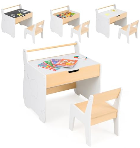 GOPLUS Table Enfant avec Chaise, 3 en 1 Bureau Enfant en Bois avec Rangement, Tableau Reversible Blanc/Noir, Porte-Rouleau de Papier, Petite Table d'Activités pour Dessiner Manger Etudier (Blanc)