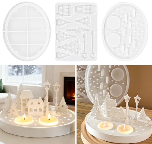 Gießformen Silikon Weihnachten,3 Stück Silikonform Haus Tannenbaum Set,Silikonformen Kerzenhalter,Gießform Häuser,Silikonform Tannenbaum,3D Kerze Weihnachtsdeko Silikonformen