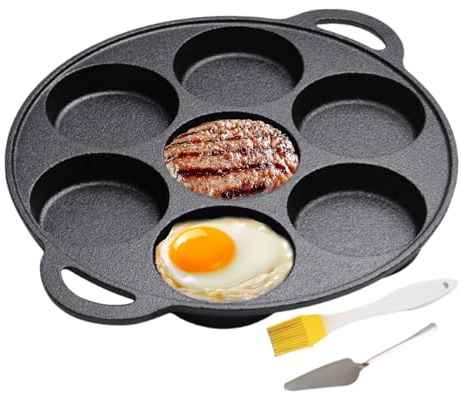 Pannake in ghisa, padelle di ferro antiaderente con design a 7 buche, perfette per cucinare pancake, bistecca, crepes, pizza, colazione, cottura, grigio, piano cottura, falò, barbecue all'aperto