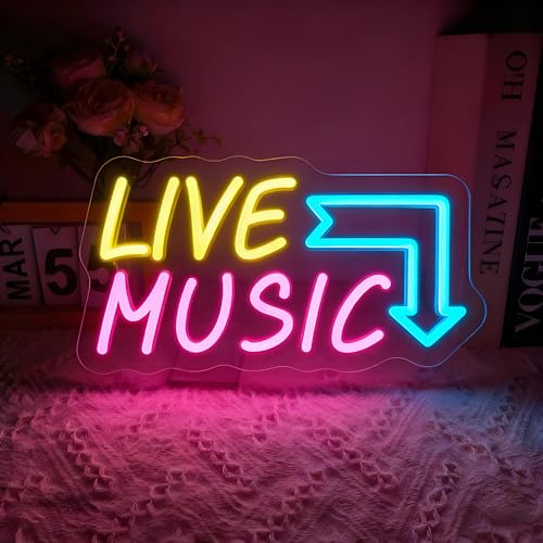 Live Music Neon Schild, LED Musik Leuchtreklame Neon Sign für Wand Deko, Dimmbare Neonlichter USB Power für Music Studio Live Streams Musikzimmer Nightclub Schlafzimmer Wohnzimmer Party