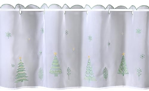 Home WOHNIDEEN | Cafehaus aus transparentem Voile, zusätzlich weihnachtlich Bestickt | 45 x 120 cm, Grün