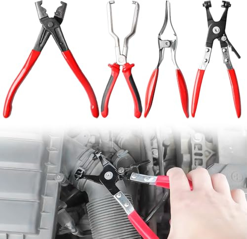 Lot de 4 Pince Collier Durite de Voiture : Sac de rangemen, pince a colson, Clé à pipe pour le Démontage et l'installation de Colliers de Serrage, rouge