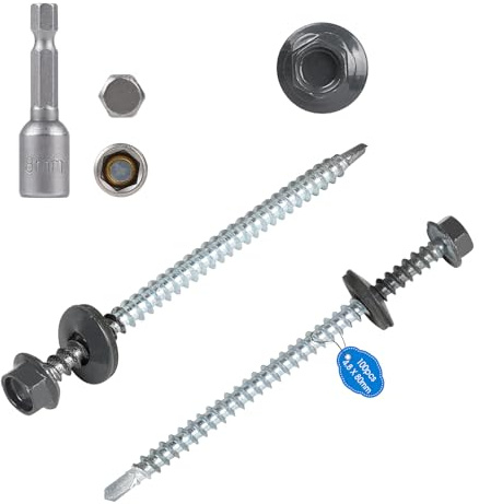 SUPAWAY Lot de 100 Vis auto-perceuses en tôle M4,8x80 mm Tête hexagonale autoperceuse RAL 7016 Gris Vis autoperceuses peintes avec rondelles EPDM et clé à douille M8 Vis tole toiture pour plus fixatio