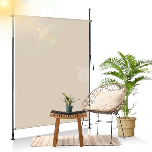 Vkechh Toldo vertical sin agujeros y altura regulable 214-305 cm, 1,5 m de ancho, estor para balcón con manivela, protección UV 50+ y resistente al agua, toldo para balcón para terraza y jardín, 180 g
