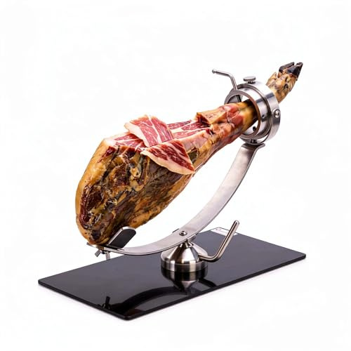 Bricolemar Jamonero Profesional Giratorio 360° Flores Cortés Don Benito – Base Pletina Negra 6 mm, Acero Inoxidable, Fabricado en España, Estable y Preciso