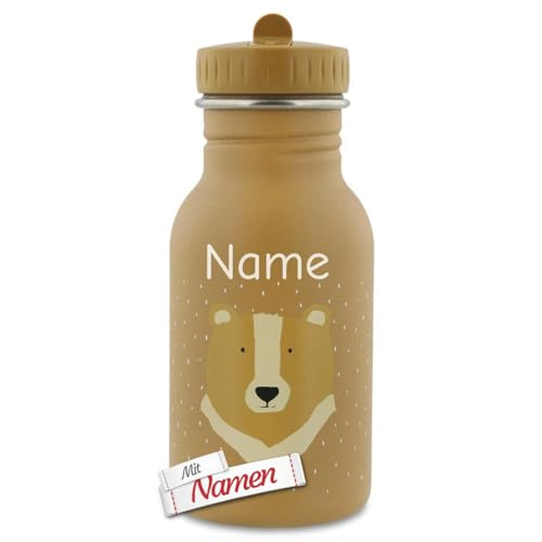 Trixie Kinder-Trinkflasche mit Gravur Bär, Mr. Bear Kollektion in Braun, mit Namen graviert, 350 ml Edelstahl matt, rund, spülmaschinenfest, für Kita Schule Reisen Zuhause