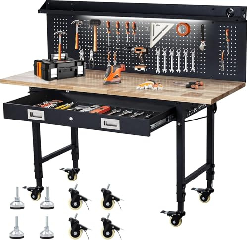 Adjustable Height Heavy Duty Workbench, 60 Inch Rubber Wood Top, 2000 Lbs Capacity, Pegboard and Drawer Storage, Integrated Power Outlet with Lockable Wheels for Garage Workshop Office
