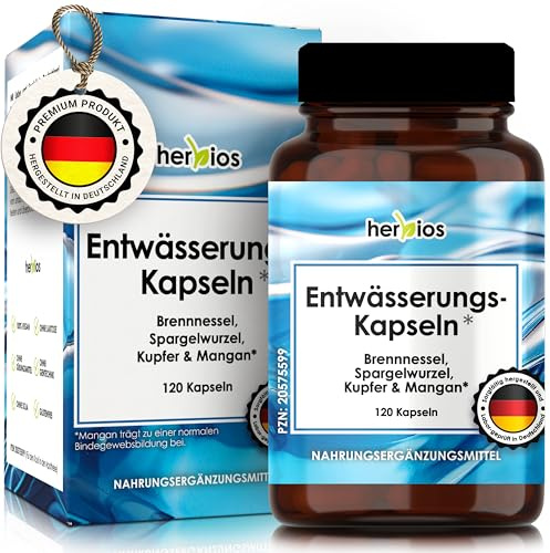 HERBIOS Enwässerungskapseln mit Brennnessel, Birke & Spargelwurzel | 120 Aqua Balance Kapseln für 2 Monate mit Magnesium, Kupfer & Mangan – vegan, laborgeprüft & ohne Tierversuche