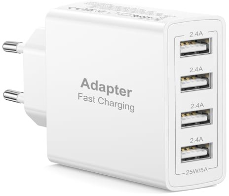 EU Travel Adapter Charger, 25W European Plug Adapter Fast Charging with 4 USB A, European Wall Adaptor EU Adaptor Plug for iPhone, iPad, Samsung, European to UK Plug Adaptor for France Spain Germany