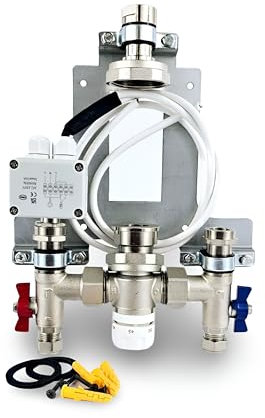 Single Zone Underfloor Heating Manifold for Small Rooms or Extensions with Thermostatic Blending Valve Integral Ball Valves Anti-Vibration Fixing Bracket and Built-in Wiring Box