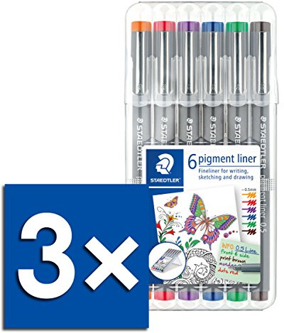 Staedtler Pigment Liner Fineliner 6er Set, mit Box (3X Sortiert 0,5mm)