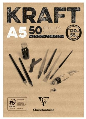 Clairefontaine 975814C Blocco collato Carta Kraft - 50 fogli Carta Kraft Vergata Bruna A5 14,8x21 cm 120g - Carta Double Face per lo Schizzo e il Disegno