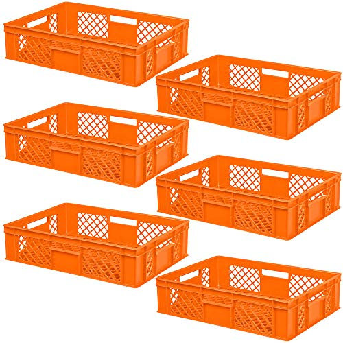 lot de 6 Bac gerbable normes Europe à parois et fonds ajourés - L x l x h 600 x 400 x 150 mm - orange