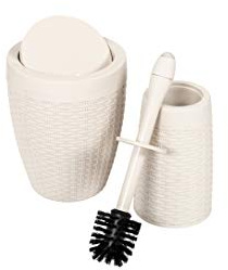 Addis Faux Rattan Dual Bathroom Round Swing Bin and Injection Toilet Brush Set, Calico Cream, Single