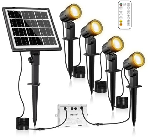 MEIKEE Luces Solares Led Exterior Jardin 4 en 1 Focos Led Exterior Solares Impermeable IP66, 2500K-6500K Regulable, 3 Modos, 3 Brillos 5000mAh Iluminación para Jardín, Césped, Camino, Terraza