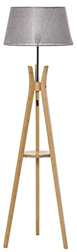 HOMCOM Natural Wood Tripod Floor Lamp Light E27 Base Bedroom Living Room Fabric Shade Storage Shelf Foot Switch, 156cm, Grey