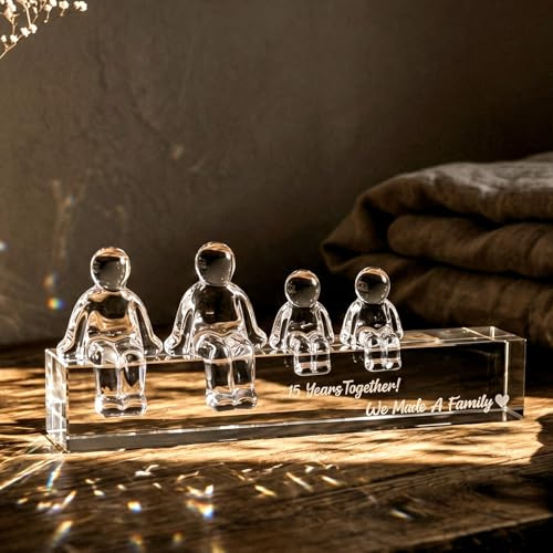 Movdyka Crystal 15th Anniversary Wedding Gifts for Couple Her Him | 2 Children, Glass 15 Year Anniversary Presents for Husband Wife, 15 Years Together We Made A Family Figurines Ornament