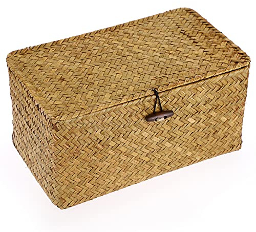 Hipiwe Wicker Shelf Baskets Bin with Lid, Handwoven Seagrass Basket Storage Bins Rectangular Household Basket Boxes for Shelf Wardrobe Home Organizer, Caramel Medium
