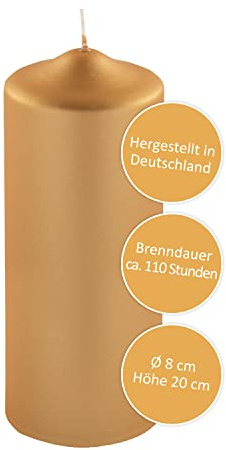 FINK Stumpenkerze gold für Windlichte Laternen Leuchter - edle Tischdekoration Silvester 2022 - raucharm duftneutral - H 20 D 8 cm - RAL Qualität - Brenndauer ca. 110 Std.