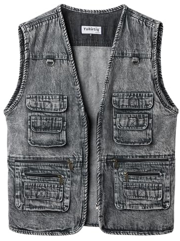 Yukirtiq Chaleco de Mezclilla para Hombre Chaqueta Sin Manga de Jeans Denim Casual Chaleco de Tela Vaquera Multibolsillos, Carbón, M
