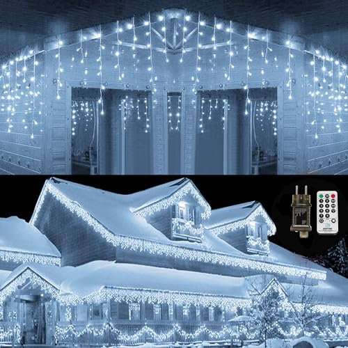 Qedertek Eisregen Lichterkette Außen 10.8M 432 LED Weiß Lichtervorhang Weihnachtsbeleuchtung mit Fernbedienung, Timer, 8 Modi, Wasserdicht Eiszapfen Lichterkette für Balkon Geländer Weihnacht Deko