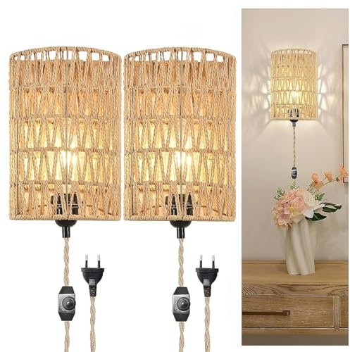 YNDD Applique da Parete Rattan E27, Lampada da Muro Boho con Interruttore e Spina 2m Filo Lampade da Murale Vintage Rustico Corda Canapa Luce da Parete per Camera da Letto Soggiorno Corridoio 2 pezzi