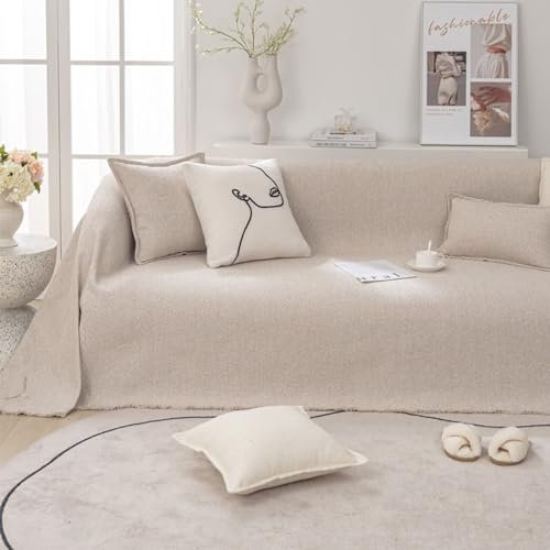 AMDXD Sofa Überwurfdecke, Einfarbig Muster Sofahusse 4 Sitzer, Waschbarer, Kratzfester rutschfest Sofaschoner in Polyester Möbelschutz-Sofabezüge - 180x400CM, Helles Khaki