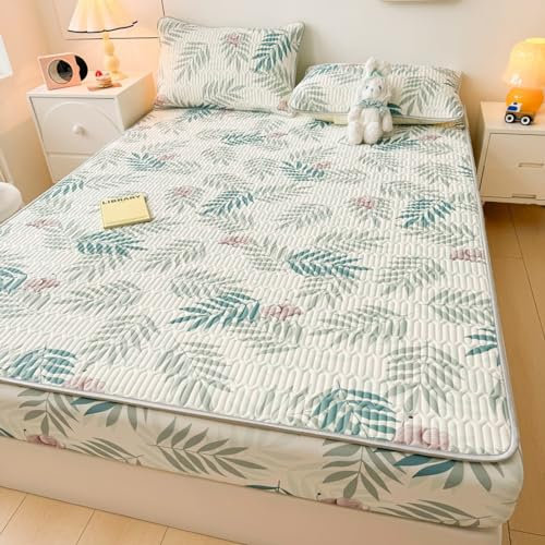 FOREPOTY atmungsaktiv Spannbetttuch,Sommer Coole Latex-Bettwäsche, Matratzenschoner Mit Cartoon-Aufdruck Für Kinderzimmer, Bettbezug Für Kinderzimmer, Blätter, 180 * 200 cm (1 Stück)