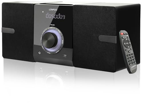 Micro Chaîne Hi-FI Stéréo Système compacte - avec Lecteur CD, Bluetooth, Radio FM, USB, AUX-in, écran LED et Grand Bouton, télécommande
