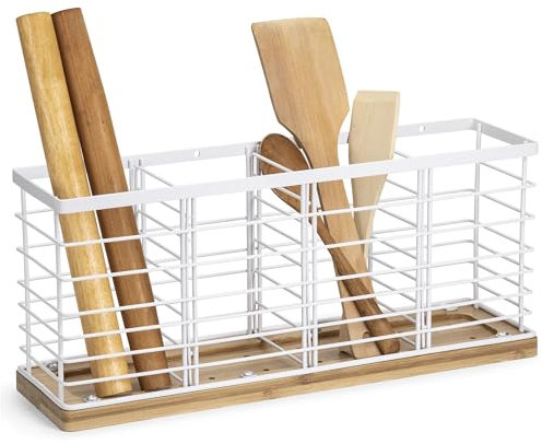 Lonian Grande Portautensili da Cucina con Base in Bambù - 4 Scomparti, Organizer in Metallo per Utensili, per Piano di Lavoro o Montaggio a Parete