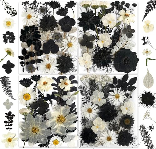 YouthBro 140Stück Schwarz Weiß Getrocknete gepresste Blumen mit Schmetterling Aufkleber Echte Natur Blumen Set für Kunstharz DIY Schmuck Kerze Seife Vase