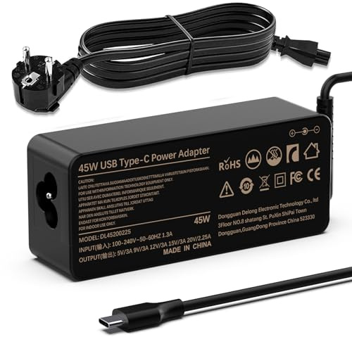 Shefor Chargeur 45 W USB C Ordinateur Portable 20 V 2,25 A Compatible avec Lenovo Thinkpad/Yoga, HP Spectre/Envy X2, Dell XPS 13 15, Acer Spin, ASUS, Samsung, ADLX45YAC3A ADLX45YLC3A Alimentation