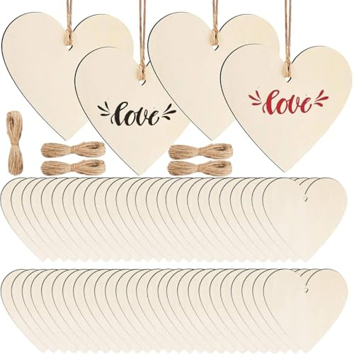 50 Stück Holz Herzen mit Loch, 8cm Holzherzen Deko mit 50pcs Juteseile, Blanko Holzanhänger Herz zum Basteln, Bemalen & Verzieren, Hochzeit Deko, Valentinstag, Geschenkanhänger