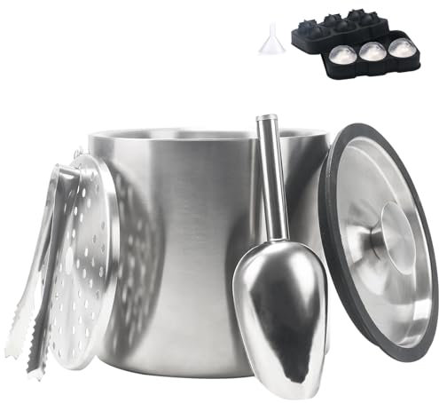 VirtuGro 3L Ice Bucket, Double Walled Insulated Ice Bucket with Lid and Tongs, Scoop, Strainer, Ice Moulds, Round Stainless Steel Ice Buckets for Parties Bars Home Garden Restaurant, Indoor & Outdoor