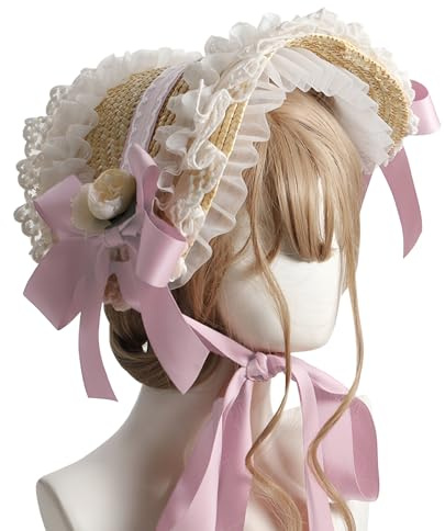 FCCAM Sombrero de sol victoriano para fiesta de té Lolita Sombrero Encaje Lazos Flores Sombrero de paja Lolita Sombrero para Niñas Gorro Multicolor Mujer Rosa