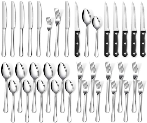 TAN REN per 6 persone Set di posate,set di posate in acciaio inossidabile da 36 pezzi (argento) con coltello da bistecca,posate con coltello,forchetta e cucchiaio,set di per casa/cucina/ristorante