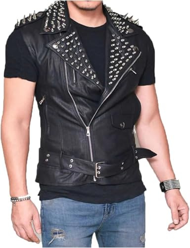 Herr Punk Rock Stud läderväst | Motorcykel Brando Style Slimfit läderjacka, Svart – falskt, 3XL