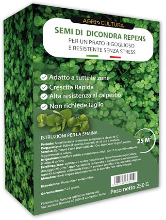 AGRI-CULTURA® | Dicondra Semi 25 m² | Prato Senza Manutenzione, Alta Resistenza alla Siccità e al Calpestio | Semi di Dichondra Repens Adatti a Zone Ombreggiate e di Sole.