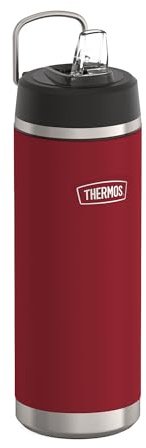 THERMOS ICON Edelstahl Trinkflasche 0,71 l, 12 h kalt, berry mat | Flip-Strohhalm, Isolierflasche mit großer Öffnung, schwappsicher beim aufrechten Transport, spülmaschinenfest, rot