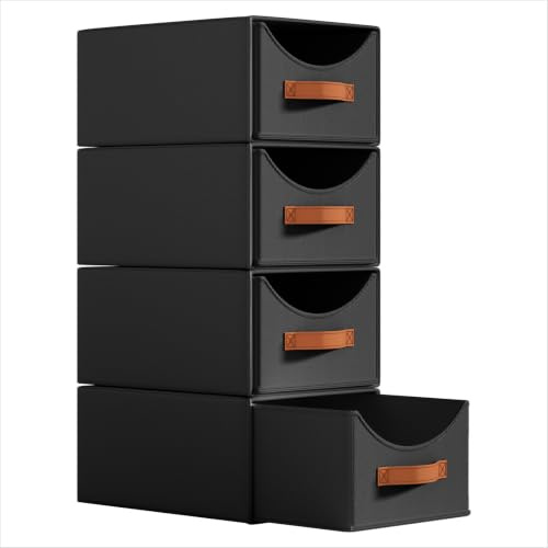 Homsorout Schubladen Ordnungssystem - 4 Stück Schubladenboxen, Schwarz | Aufbewahrungsbox Stoff Faltboxen, 35 x 25 x 17cm Stapelboxen Kleiderschrank Organizer für Schrank, Dokumente, Kleidung