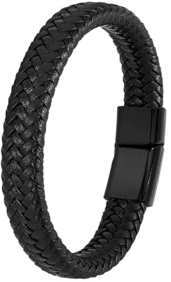 APMGONT Bracelet Cuir Homme Manchette tressé à la Main Classique Bracelet en cuir pour homme Noir et Brun avec Fermoir Magnétique Idee Cadeau Valentin Fete des Peres Anniversaire pour Père Mari