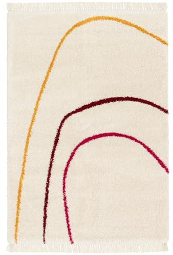 Teppich MIRAGE | Symbolic Lines 80 x 150 CM – Weicher Hochflor Teppich mit Fransen, antistatisch & Oeko-Tex, Ethno Design, Wohnzimmerteppich, Fußbodenheizung geeignet, bunt, 30mm Florhöhe