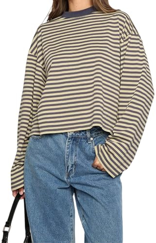 KOSUSANILL Striped Long Sleeve Shirt Women Oversized Baggy Tshirt Crewneck Boxy Cropped Tee Tops Drop Shoulder Y2K Cute Preppy Sweatshirt Vintage Teen Girls Fall Pullover Top (Yellow, XL)